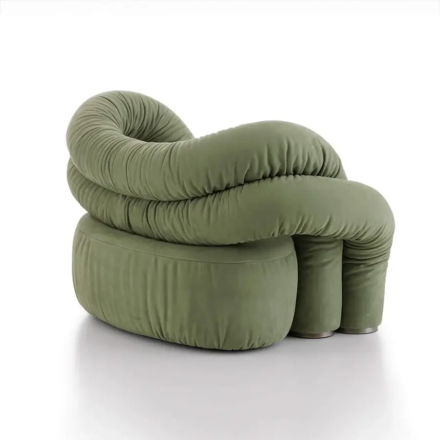 Superior Rugiano Abbraccio lounge chair upholstered in subtly textured olive green fabric with bronzed brass details crafted in Italy