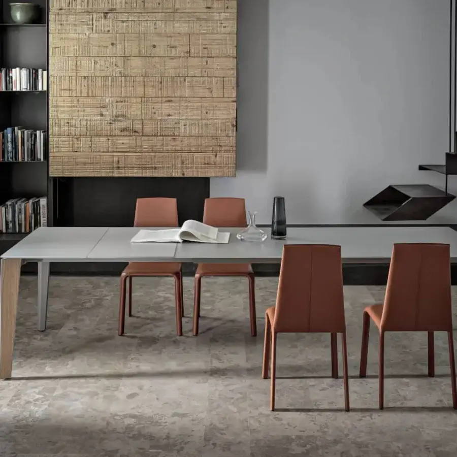 Distinguished Bontempi Alice chair upholstered in reddish-brown hide leather with a satin wood frame crafted in Italy