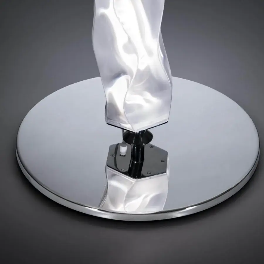 Innovative Slamp Hugo floor lamp embodying curved form with white Lentiflex material and polished metal base