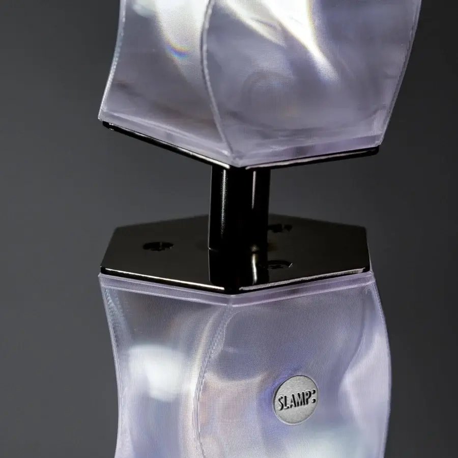 Exceptional Slamp Hugo floor lamp embodying sculptural form with pearlescent white Lentiflex material and iridescent hints
