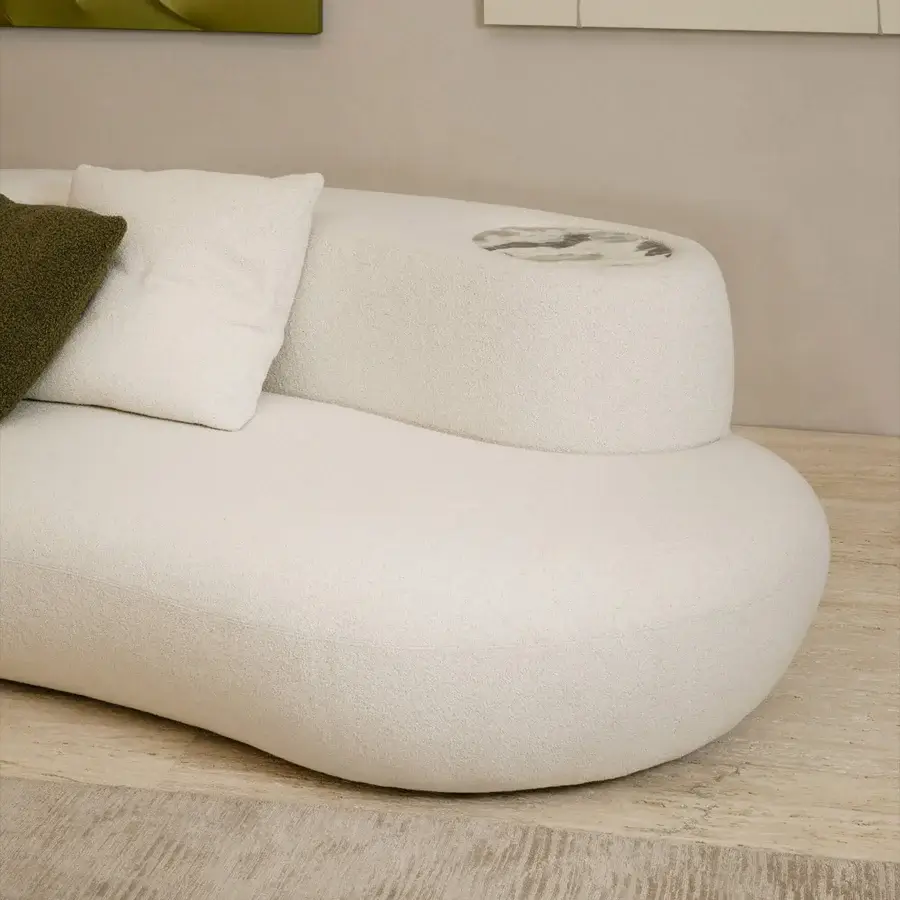 Elegant Rugiano Rafael chaise lounge with textured off-white bouclé fabric and Calacatta Gold marble finish