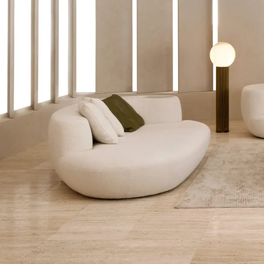 Captivating Rugiano Rafael chaise lounge in light beige textured fabric with Calacatta Gold marble detail