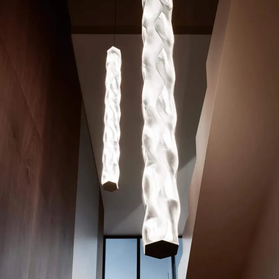 Innovative Slamp Hugo suspension lamp in milky white Lentiflex® with a warm brown wooden base and dimmable LED light