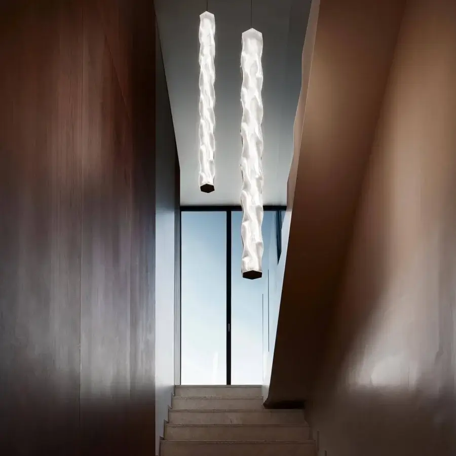 Distinguished Slamp Hugo suspension lamp in luminous white Lentiflex® with flowing organic lines and diffused LED light