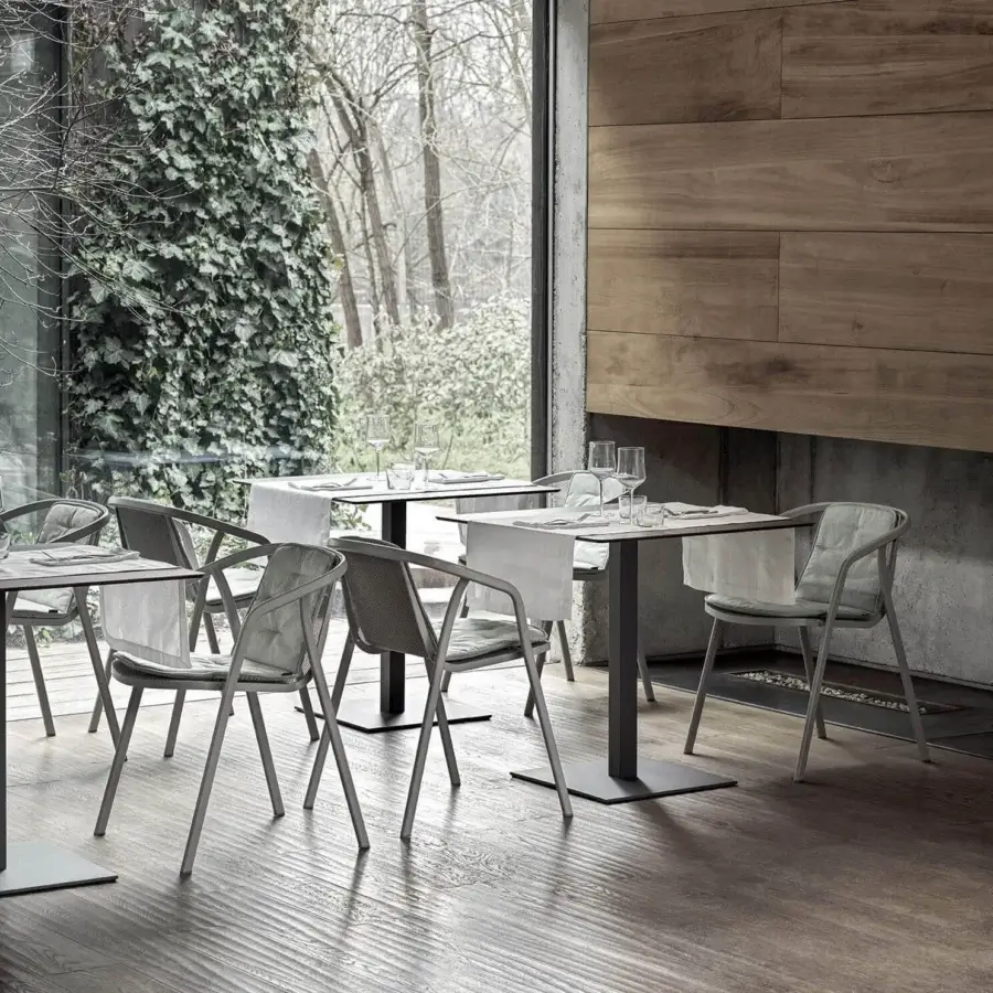 Distinguished Bontempi Ines chair with matte gray metal frame and woven fabric seat offering a contemporary aesthetic with an open-grid back
