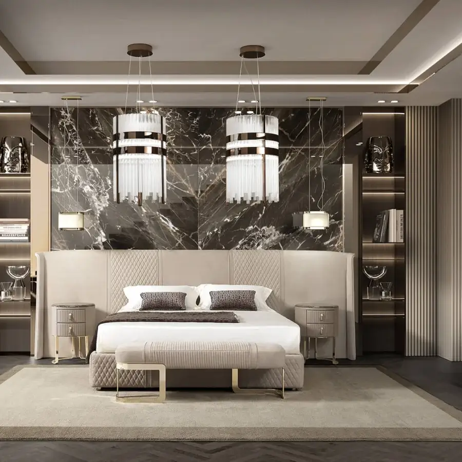 Exceptional DV Home Collection Coco Maxi bed with light cream fabric upholstery and warm gold metallic accenting