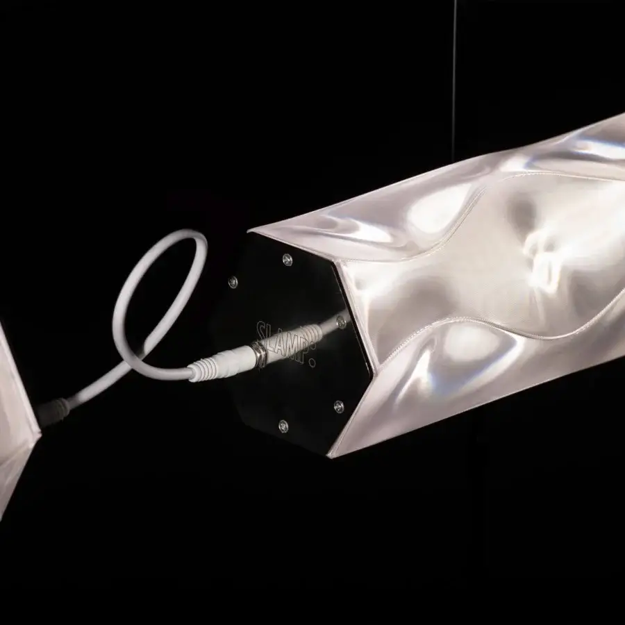 Elegant Slamp Hugo architectural suspension lamp crafted in glossy white Lentiflex® material with a captivating water reflection effect