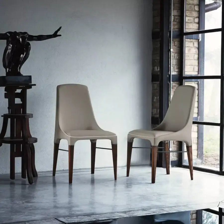 Elegant Bontempi Kelly chair upholstered in smooth matte beige textile with a satin-finish wooden frame
