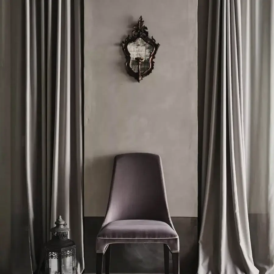 Distinguished Bontempi Kelly chair upholstered in muted mauve textile with a dark satin-finish wood frame