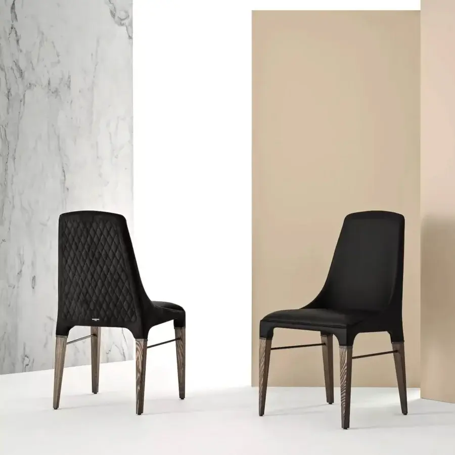 Distinguished Bontempi Kelly chair with quilted back upholstered in dark matte material and satin medium-tone brown wood frame