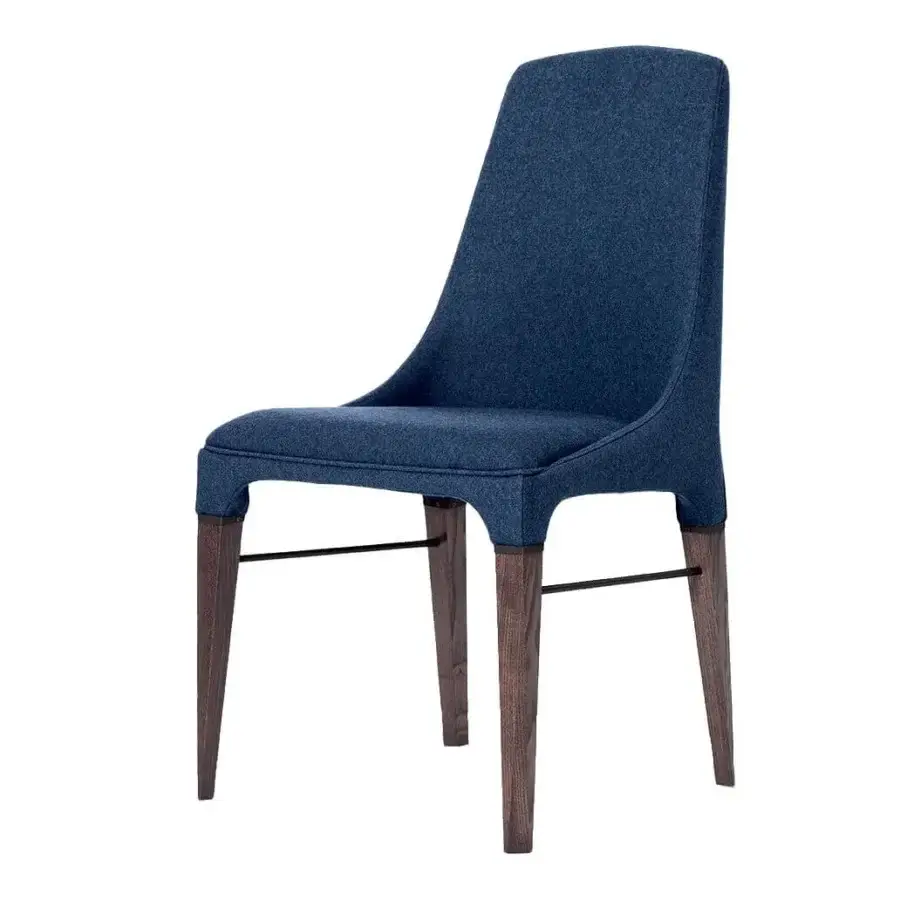 Distinguished Bontempi Kelly chair with sculpted silhouette upholstered in deep blue textile and smooth wood finish