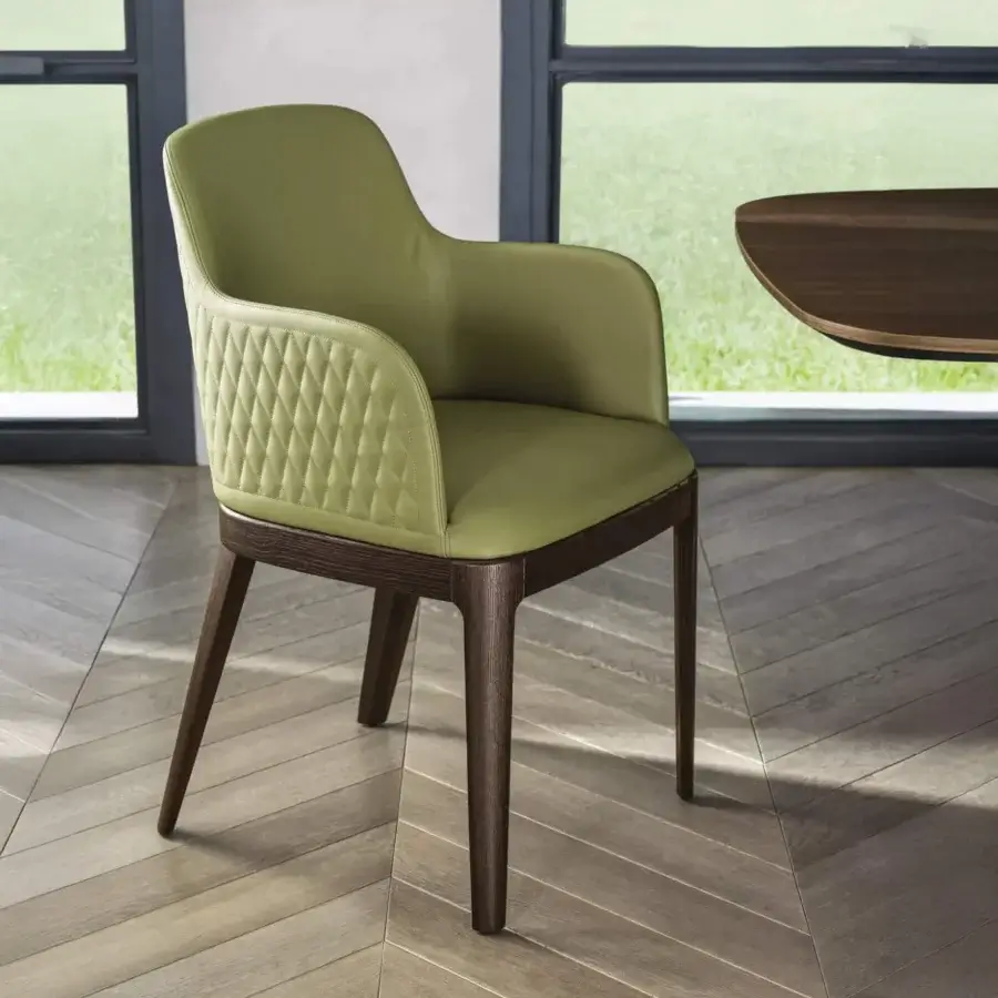 Elegant Bontempi Margot chair with quilted olive green textile and satin wood frame