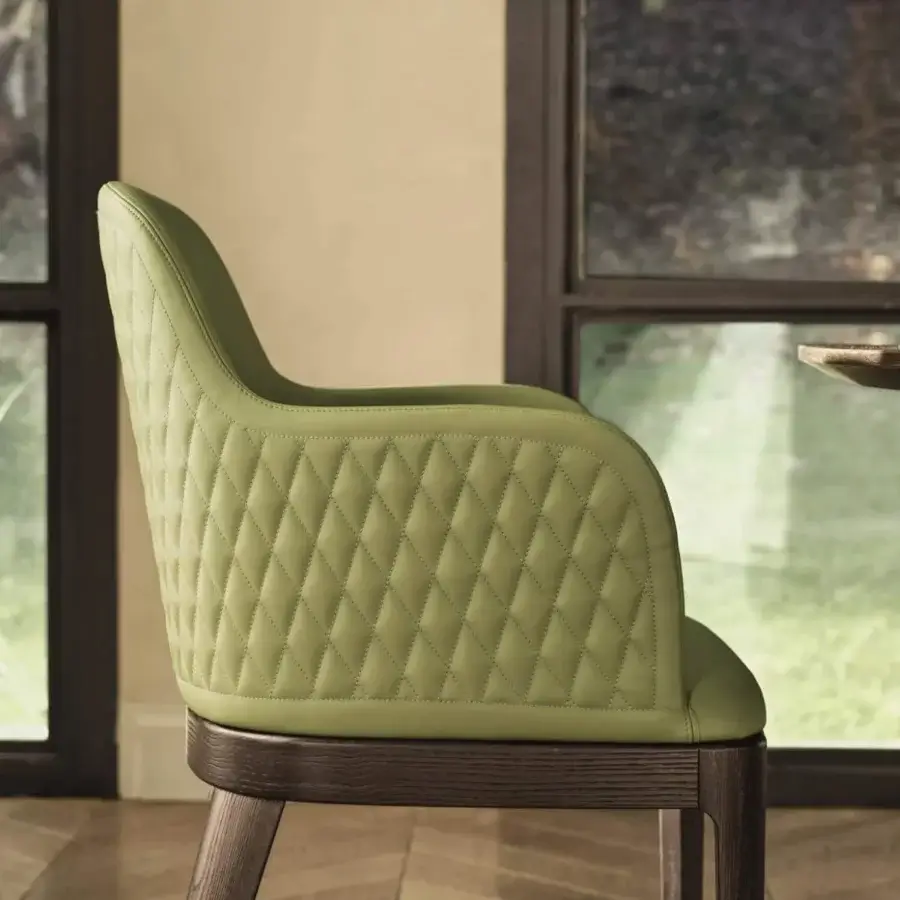 Distinguished Bontempi Margot chair with light green diamond quilted textile and dark satin wood frame