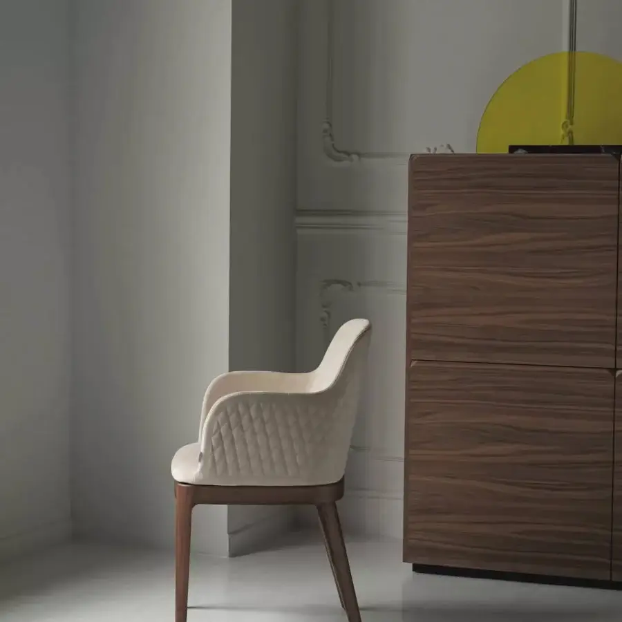 Superior Bontempi Margot chair in brown wood with satin finish and light beige textile quilted upholstery