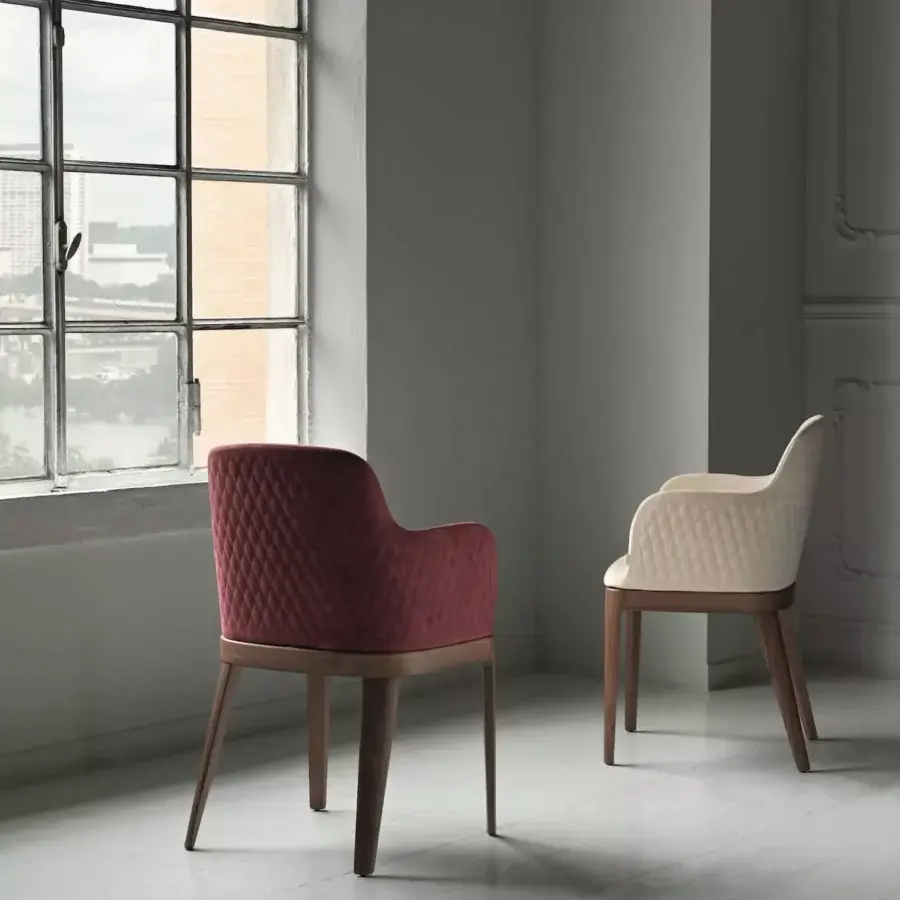 Exclusive Bontempi Margot chair crafted in brown wood with satin finish and burgundy diamond-quilted upholstery
