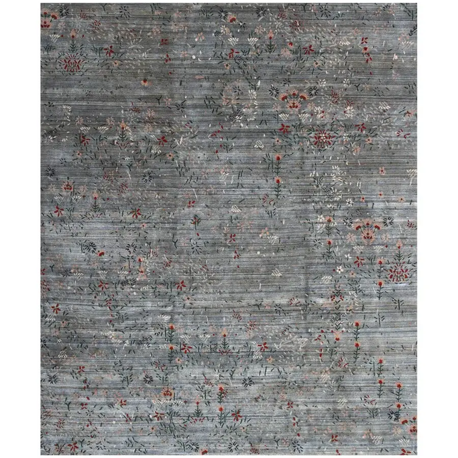 Distinguished Amini Giardino rug with grey and black stripes plus scattered floral motifs hand-knotted in wool and viscose with a carved finish