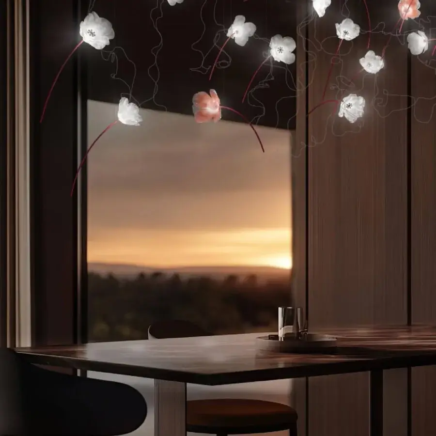 Superior Slamp Poppy suspension lamp crafted in translucent technopolymer with red painted brass and silver-plated copper wiring