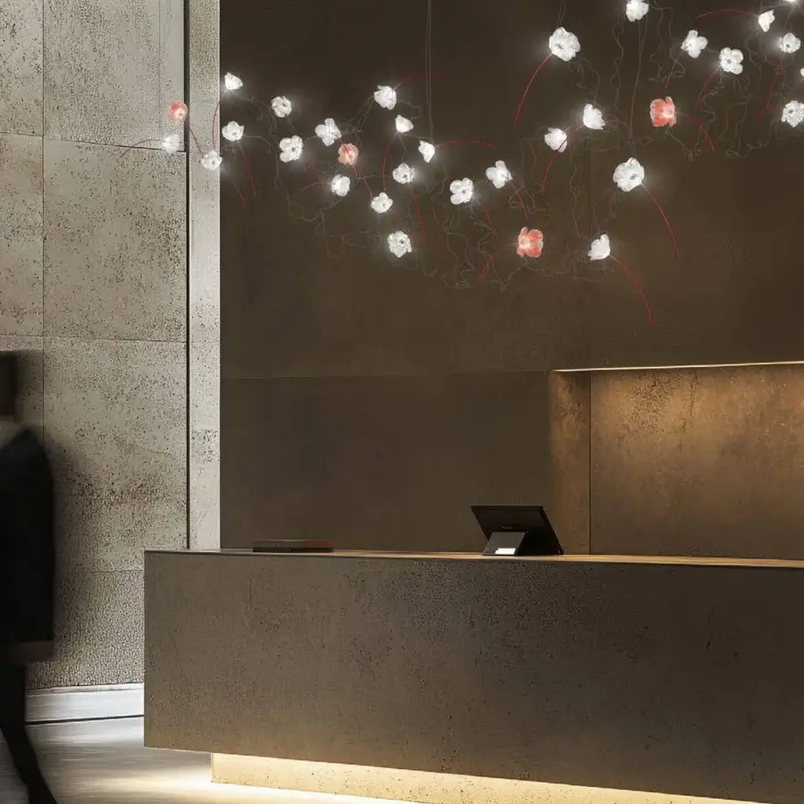 Exceptional Slamp Poppy suspension lamp built in technopolymer with red accents and silver-plated copper wires
