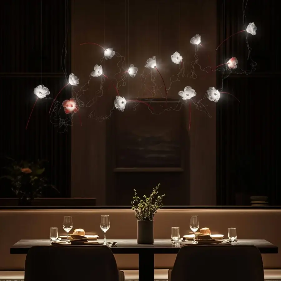 Elegant Slamp Poppy suspension lamp in translucent white Lentiflex® with red-painted brass stems and silver-plated copper wires