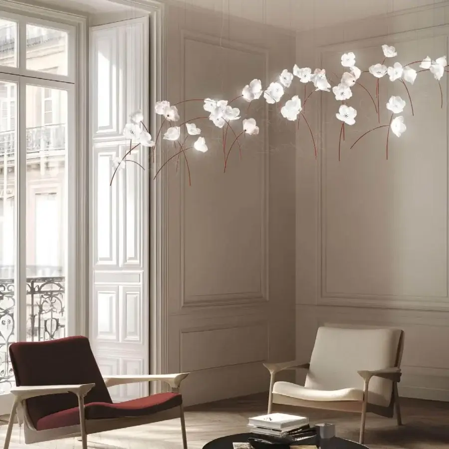 Distinguished Slamp Poppy suspension lamp crafted in translucent Lentiflex® with red-painted brass stems for a captivating glow
