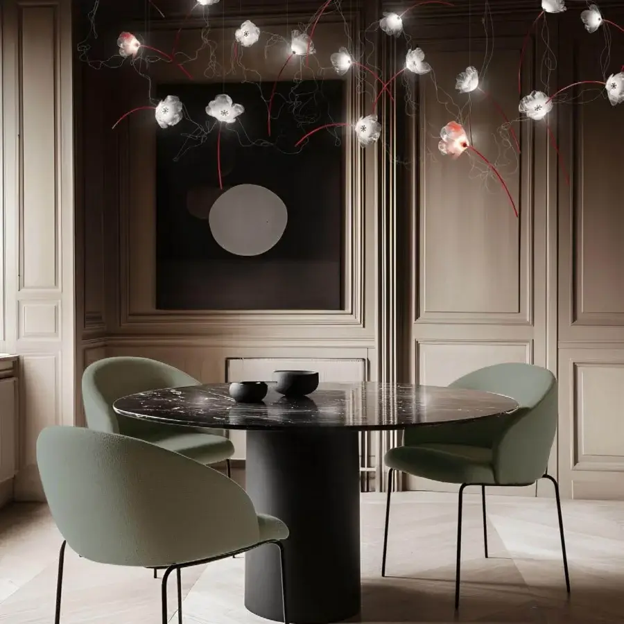 Exceptional Slamp Poppy suspension lamp crafted in translucent technopolymer with silver-plated copper wires and airbrushed red accents