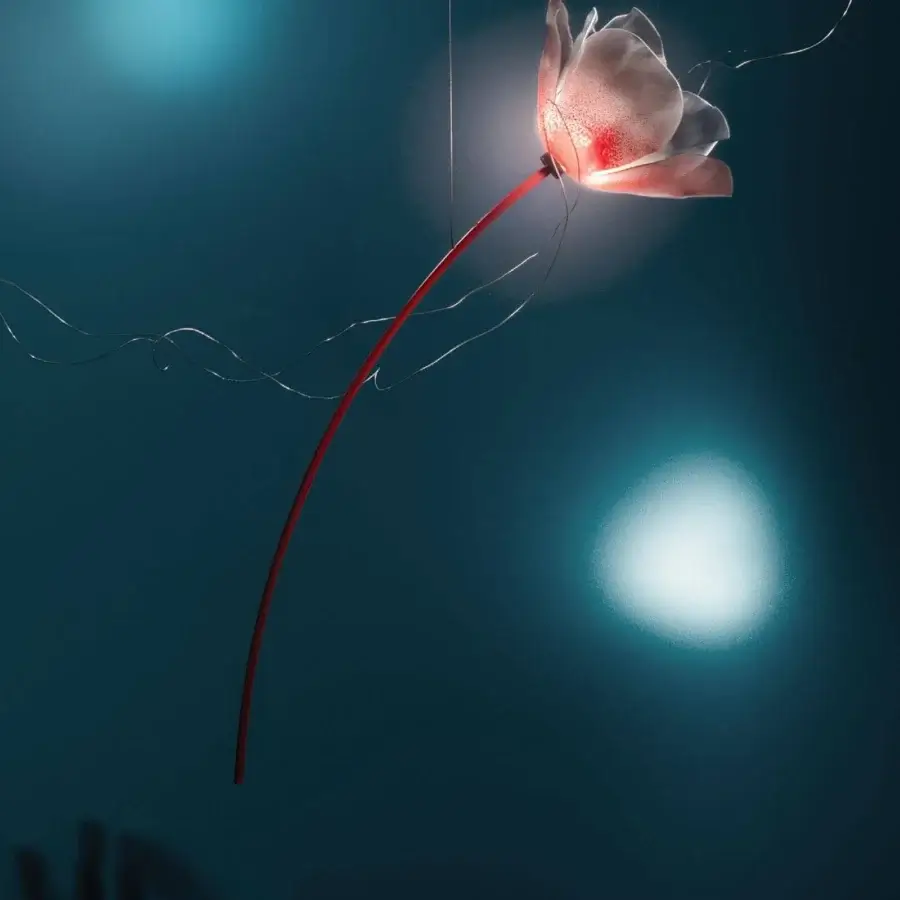 Distinguished Slamp Poppy suspension lamp handcrafted with translucent technopolymer blossom and boldly painted red brass stem