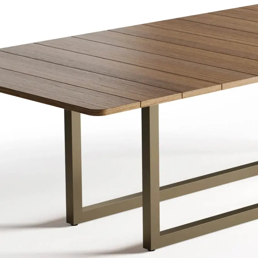 Elegant Rugiano Mirage table crafted with warm Mogano Tinto wood and a satin finish, supported by Outdoor Bronze Steel in olive-green tone