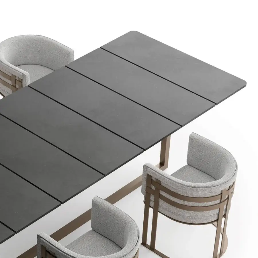 Superior Rugiano Mirage table crafted with Mogano Tinto wood and Outdoor Bronze Steel in a textured matte finish