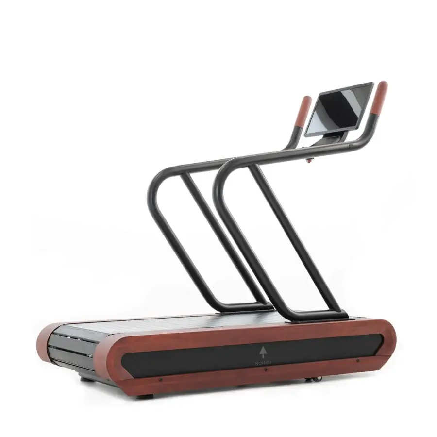 Exceptional NOHRD Citius treadmill built with warm medium-tone brown wood and precision-engineered metal components with a matte black finish