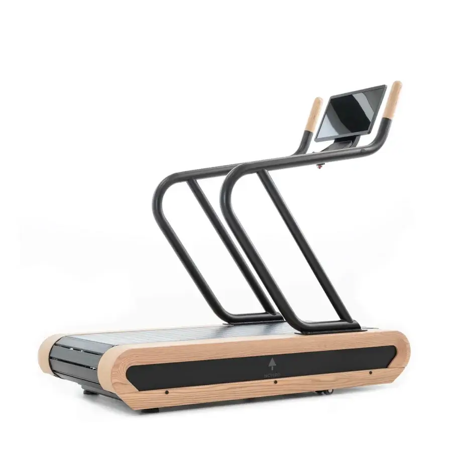 Superior NOHRD Citius treadmill crafted with light-toned wood, a sleek black running belt and matte black metal supports