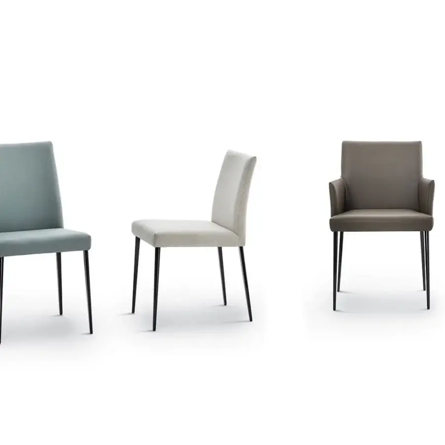 Exceptional Bontempi Mila chair with muted grayish-green textile upholstery and slender matte metal legs