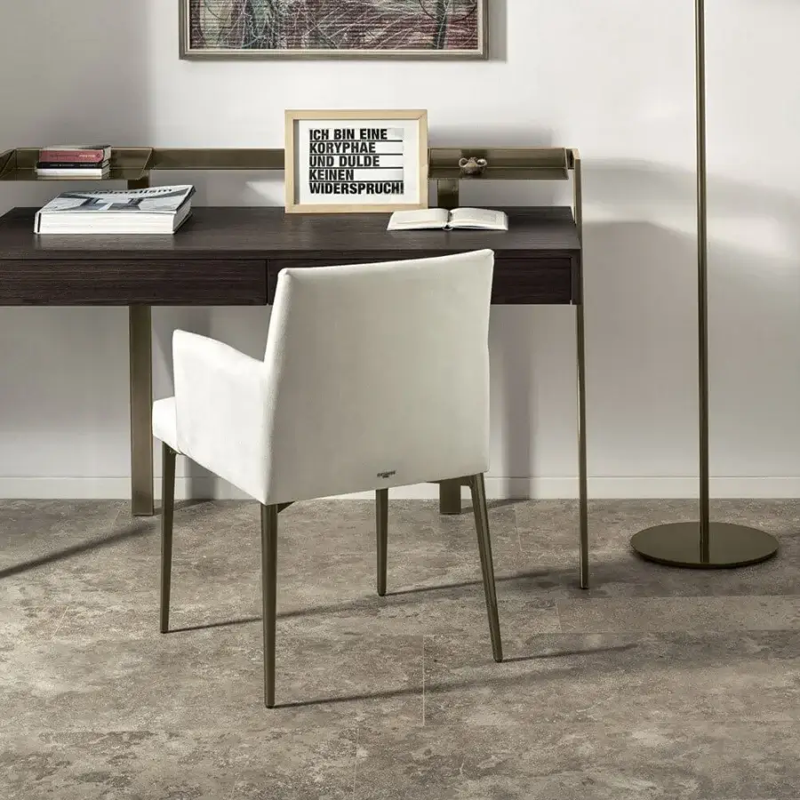 Superior Bontempi Mila chair with smooth neutral beige textile upholstery and satin-finish metal frame