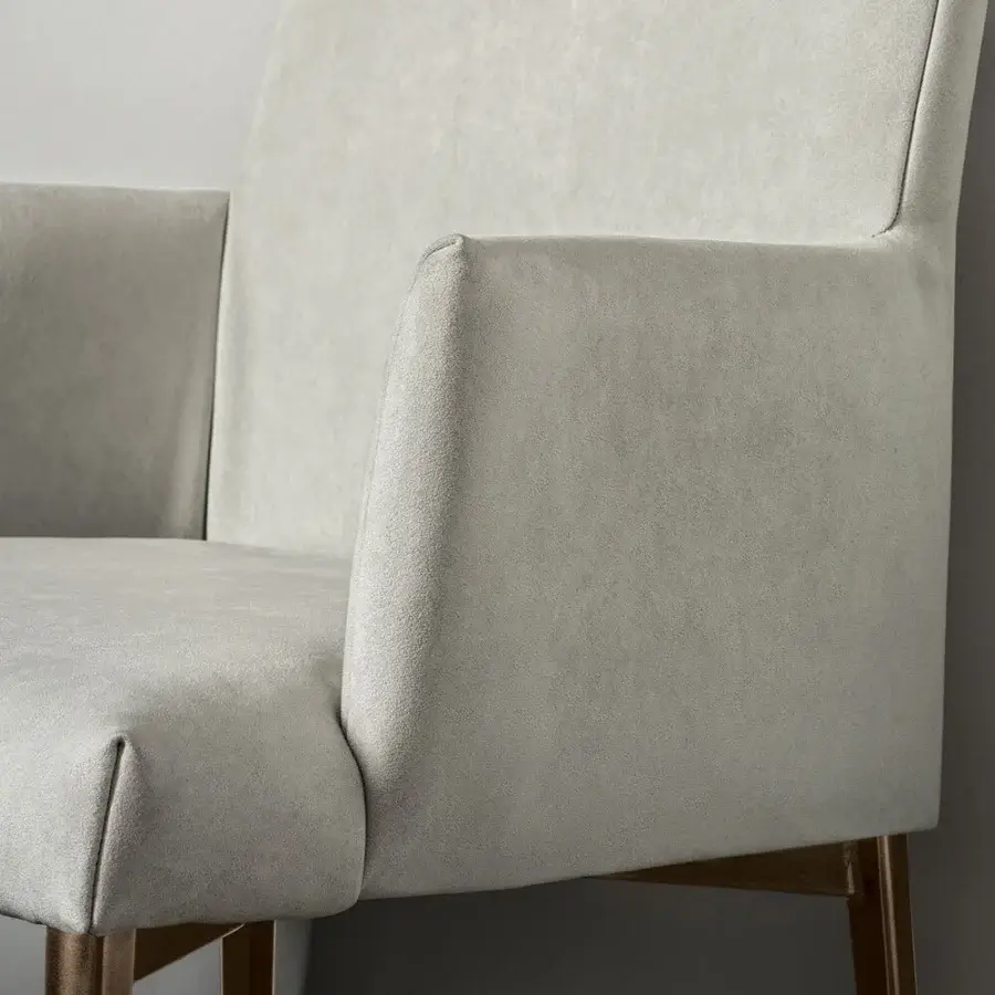 Distinguished Bontempi Mila chair with gently curved form in matte light gray textile and warm brown wooden frame