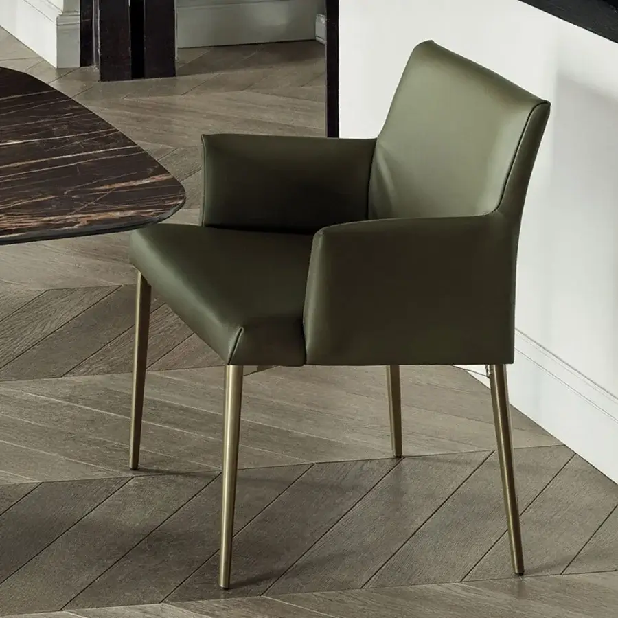Elegant Bontempi Mila chair upholstered in smooth matte olive green textile with delicately tapered gold-tone metal base