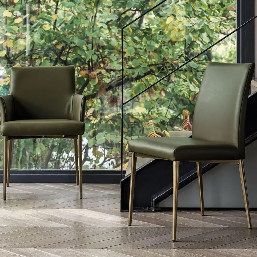 Superior Bontempi Mila chair with sleek silhouette in muted olive green upholstery and polished gold metal legs