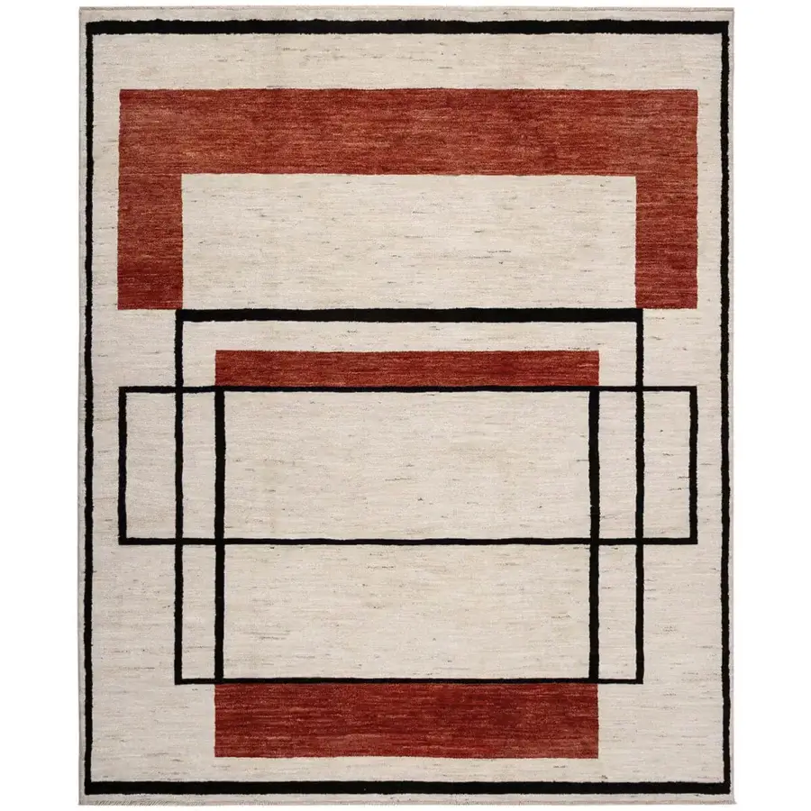Exceptional Amini Collective rug hand-knotted in Afghanistan wool with neutral geometric design and hand-washed carved texture