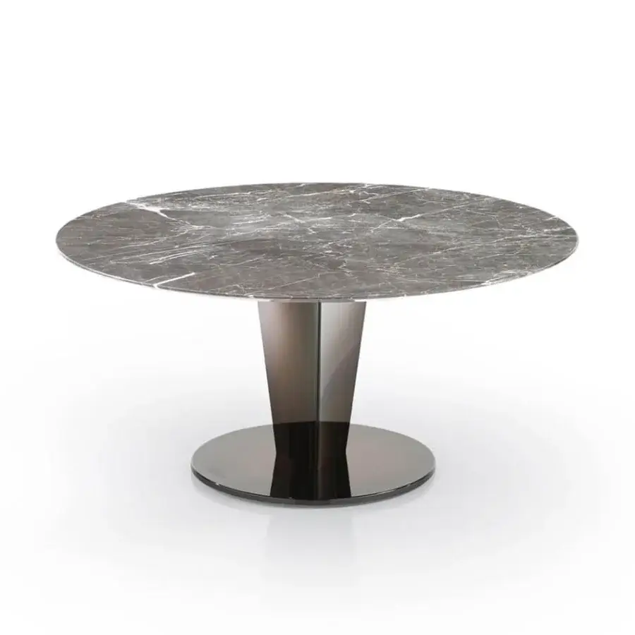 Elegant DV Home Collection Stanley coffee table with grey and white veined marble and subtly-sheened stainless steel column