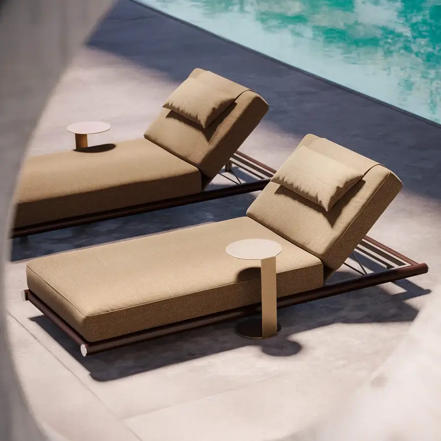 Superior Rugiano Amalfi sunbed with plush fabric cushion and stained mahogany wood with chrome accents