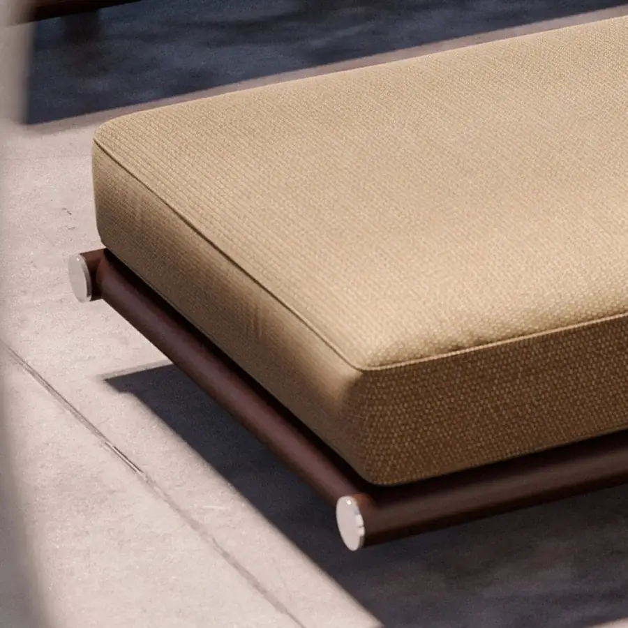 Lavish Rugiano Amalfi sunbed with a plush fabric cushion and adjustable stained mahogany wood frame