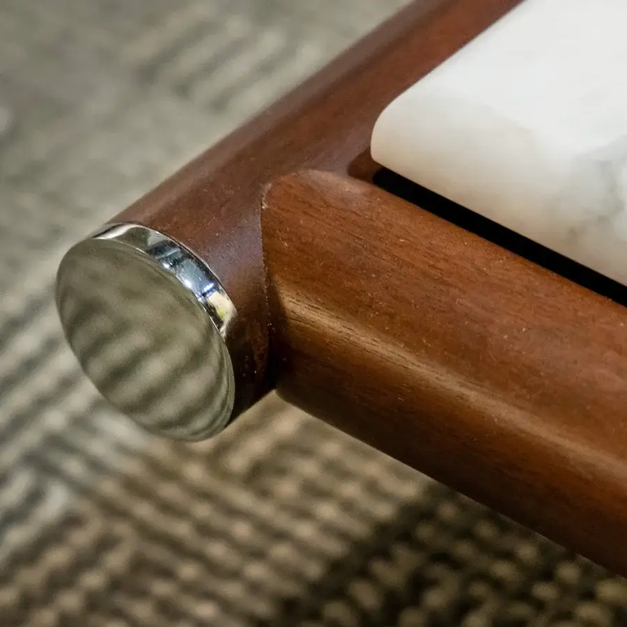 Exceptional Rugiano Amalfi coffee table crafted with marble and stained mahogany wood in a satin finish