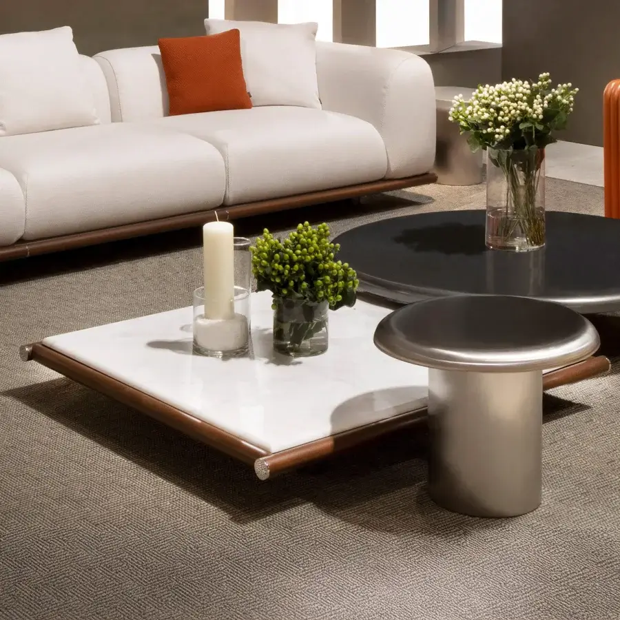 Superior Rugiano Amalfi coffee table with a marble top and refined chrome details in stained mahogany wood