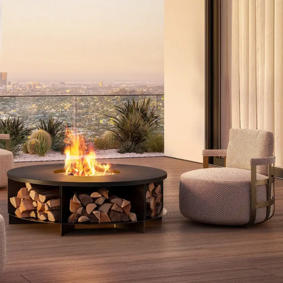 Superior Rugiano fireplace crafted with stone and black-painted metal exhibiting a contemporary circular form with recessed wood storage