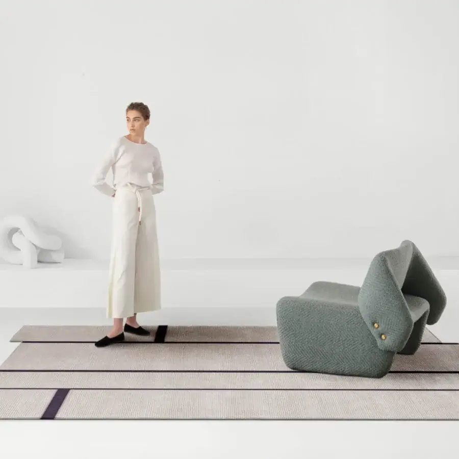 Distinguished Amini Campiture rug hand-knotted in India with neutral beige-grey and charcoal stripes in New Zealand wool with pile loop finish