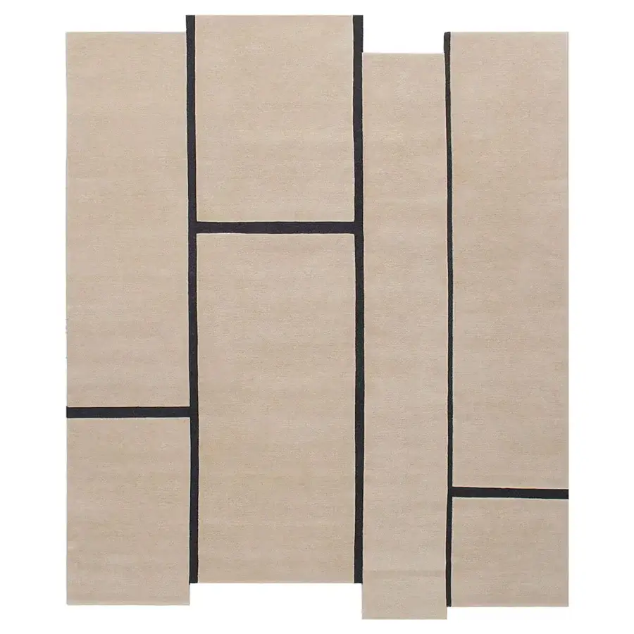 Stunning Amini Campiture rug hand-knotted in India with black lines against a neutral beige New Zealand wool pile loop and cut finish