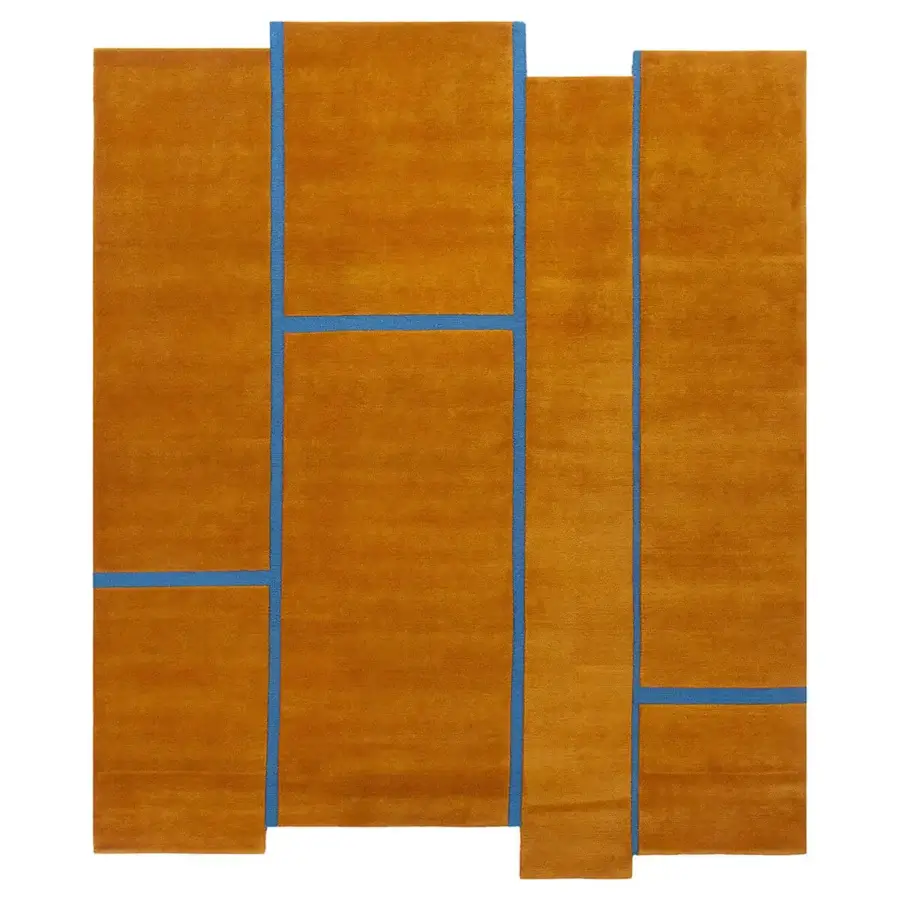 Exceptional Amini Campiture rug showcasing golden-brown and muted blue color block design hand-knotted in India with New Zealand wool and refined finish