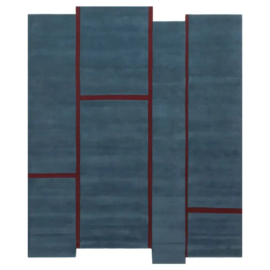 Exceptional Amini Campiture rug hand-knotted in India with teal and reddish-brown wool exhibiting a refined pile loop and cut finish