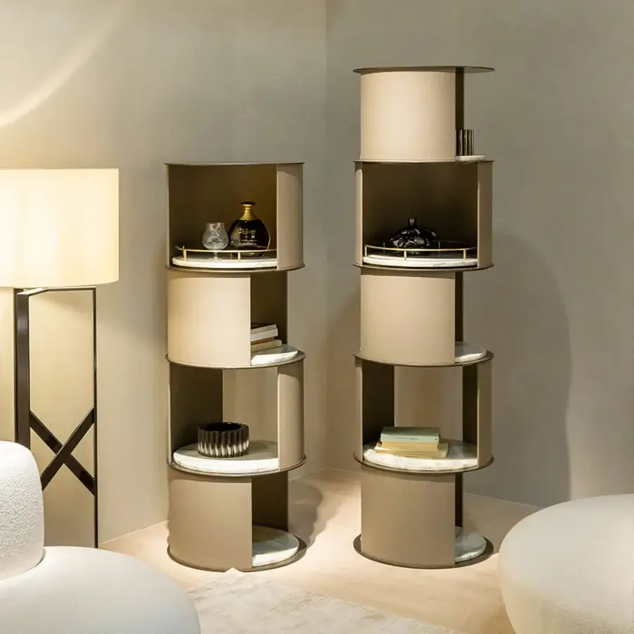 Distinguished Rugiano Floyd bookcase crafted in Italy with neutral beige leather and luxurious marble shelves with bronzed brass details