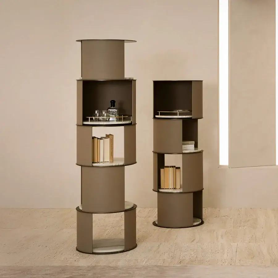 Superior Rugiano Floyd bookcase crafted in Italy with taupe leather, luxurious marble shelves and bronzed brass details