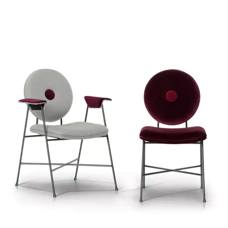 Superior Bontempi Penelope chair with uniquely curved backrest upholstered in sumptuous burgundy velvet-like textile and satin-finished metal legs