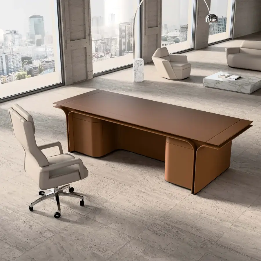 Superior Mascheroni Jazz Ray desk crafted in Italy with solid wood, laminated wood, plywood and natural leather with a warm finish